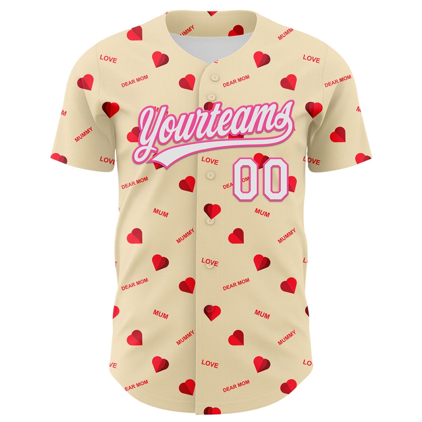 Custom Cream White-Pink 3D Pattern Design Mother's Day Love Authentic Baseball Jersey view 2