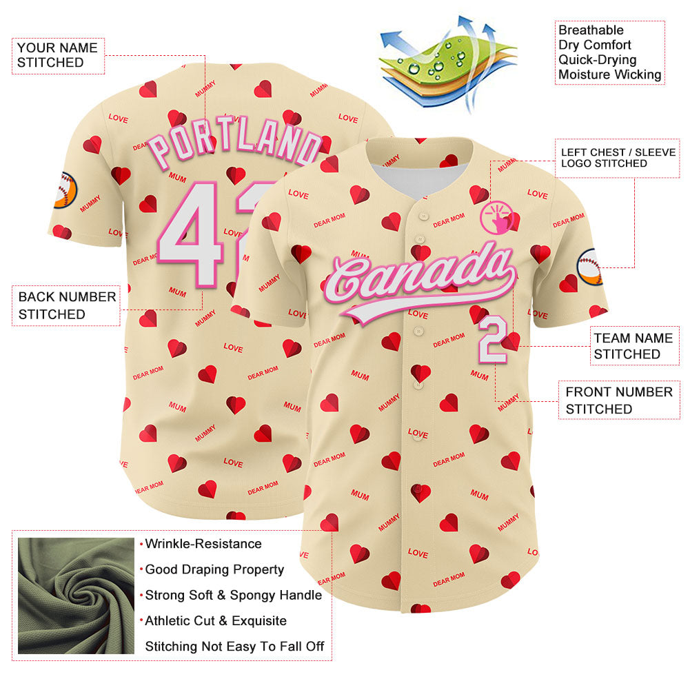Custom Cream White-Pink 3D Pattern Design Mother's Day Love Authentic Baseball Jersey view 3