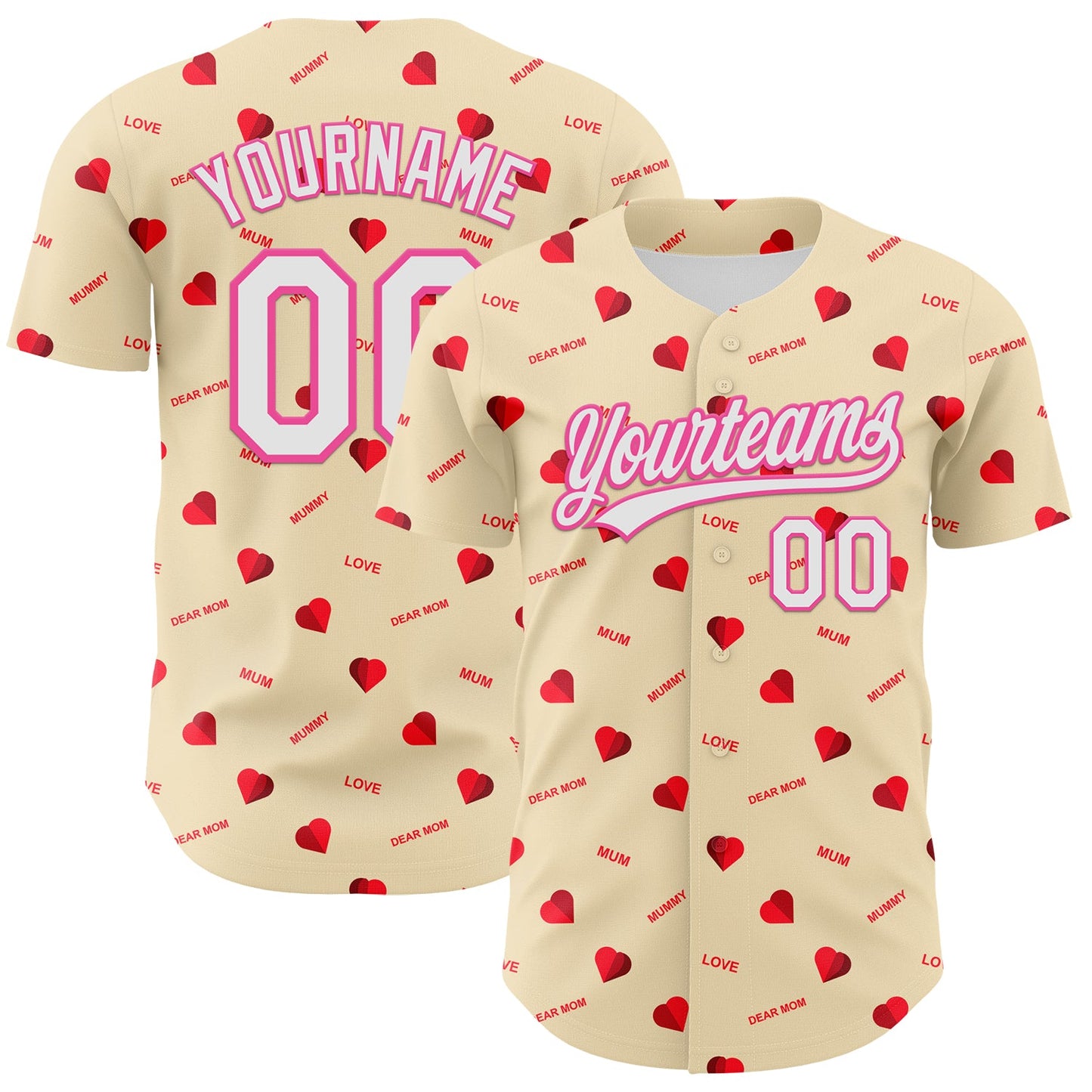 Custom Cream White-Pink 3D Pattern Design Mother's Day Love Authentic Baseball Jersey - Main View