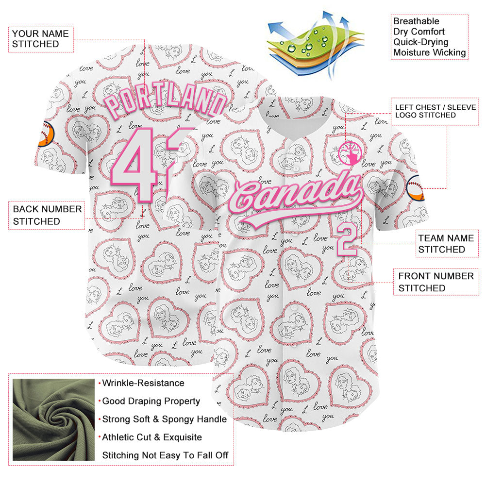 Custom White Pink 3D Pattern Design Mother's Day Love Authentic Baseball Jersey view 3