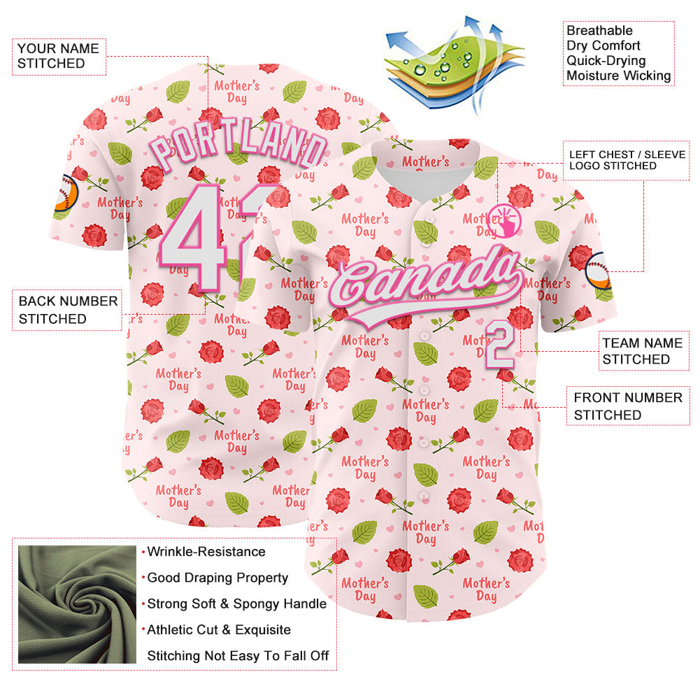 Custom Light Pink White-Pink 3D Pattern Design Mother's Day Flower Authentic Baseball Jersey view 3