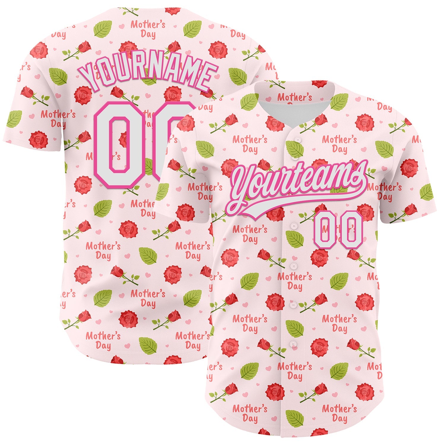 Custom Light Pink White-Pink 3D Pattern Design Mother's Day Flower Authentic Baseball Jersey - Main View