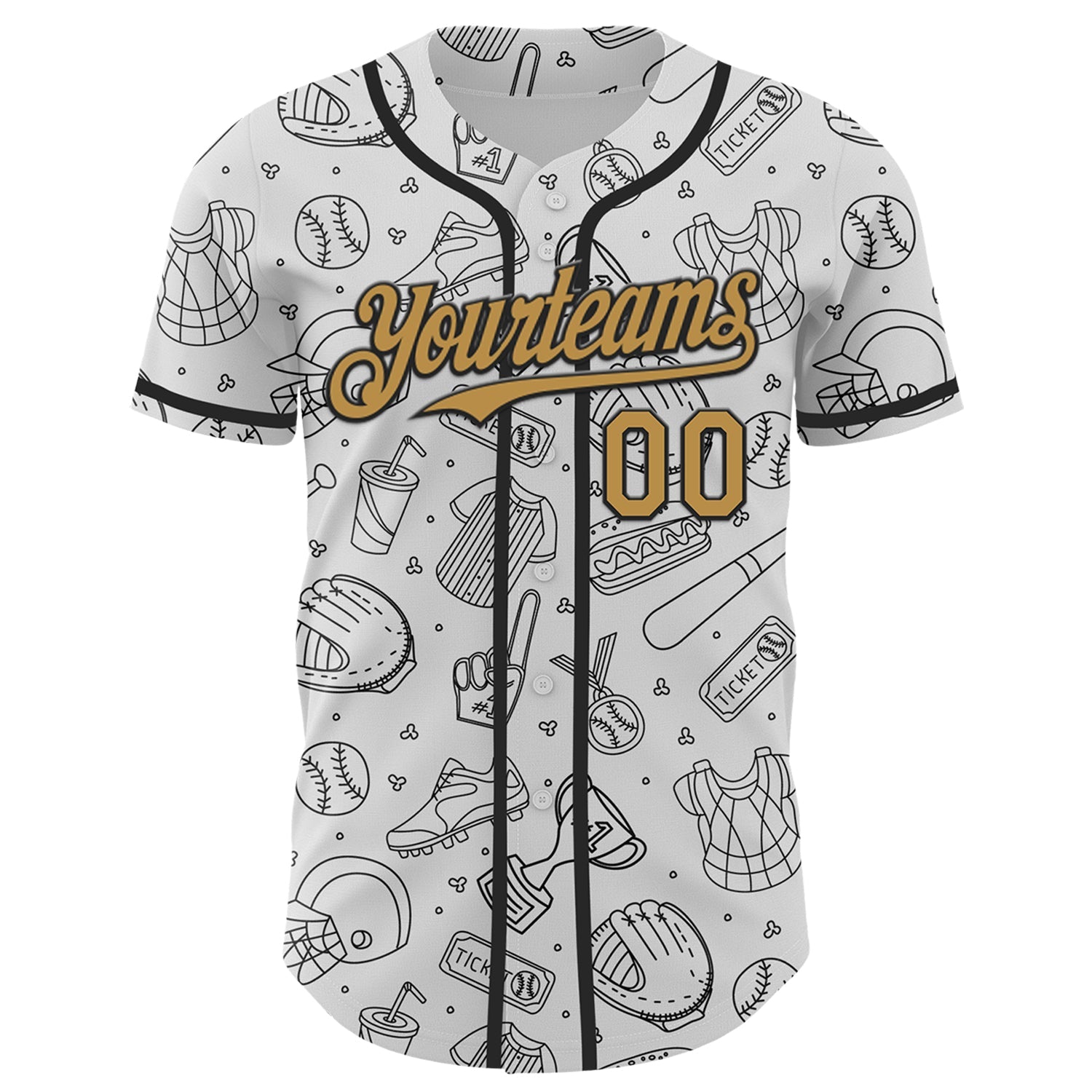 Custom White Old Gold-Black Comic Doodle Ballgame 3D Pattern Design Authentic Baseball Jersey view 2