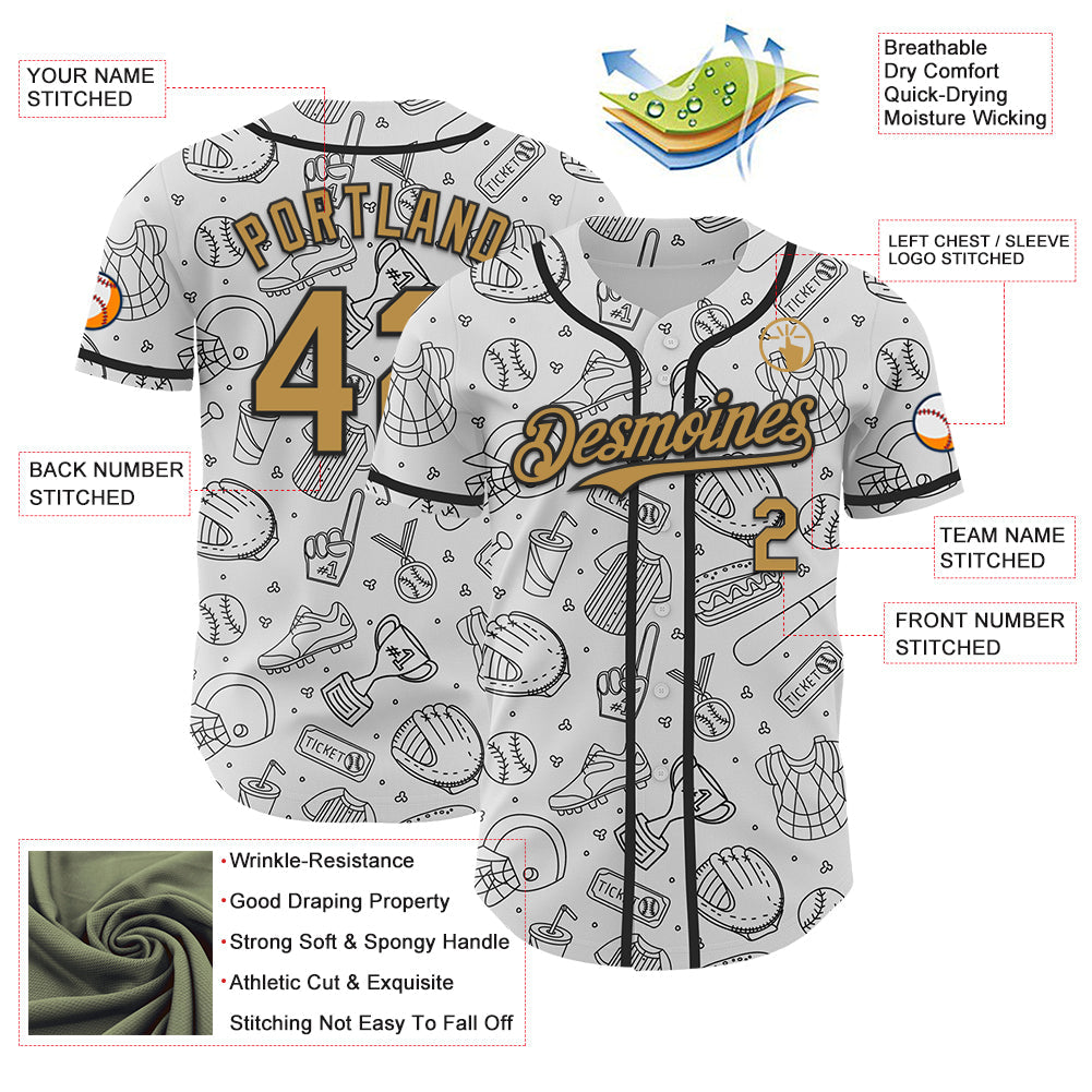 Custom White Old Gold-Black Comic Doodle Ballgame 3D Pattern Design Authentic Baseball Jersey view 3