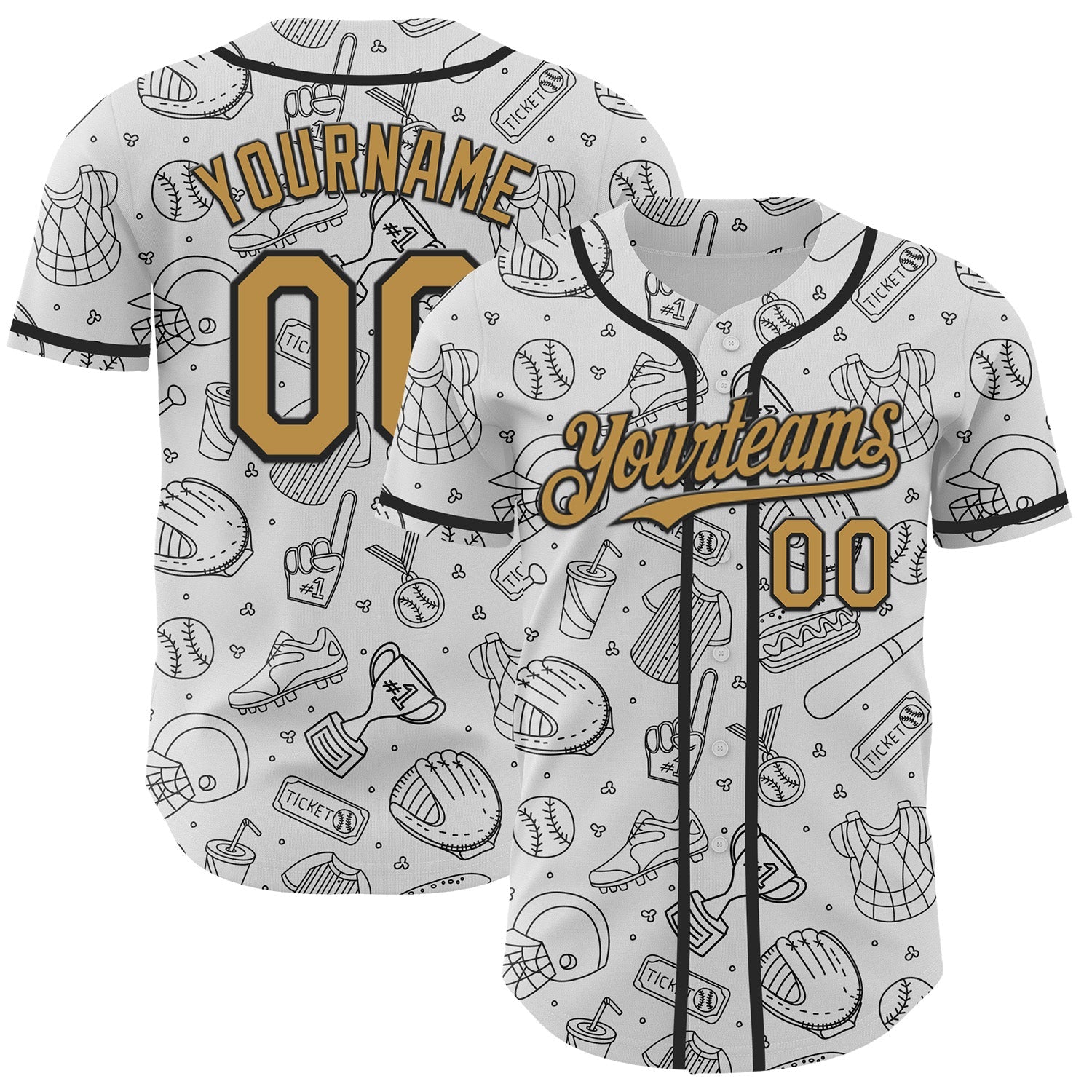 Custom White Old Gold-Black Comic Doodle Ballgame 3D Pattern Design Authentic Baseball Jersey - Main View