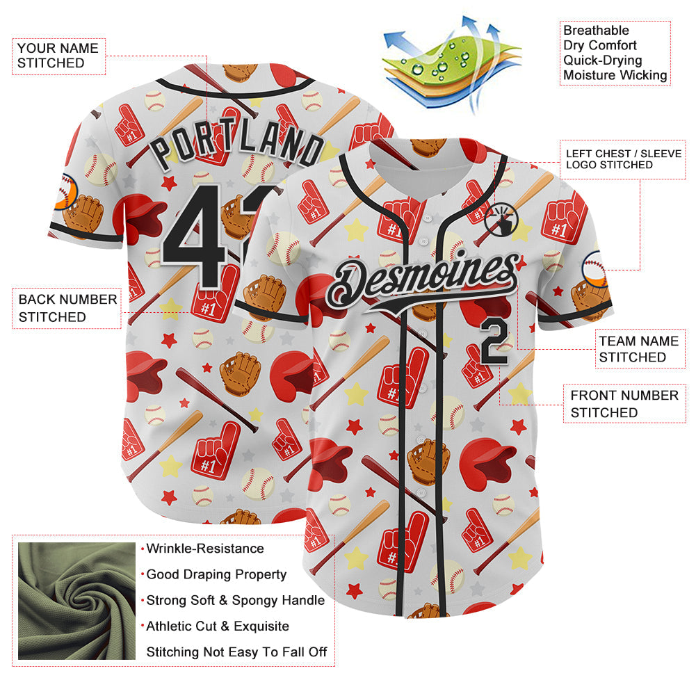 Custom White Black Comic Doodle Ballgame 3D Pattern Design Authentic Baseball Jersey view 3