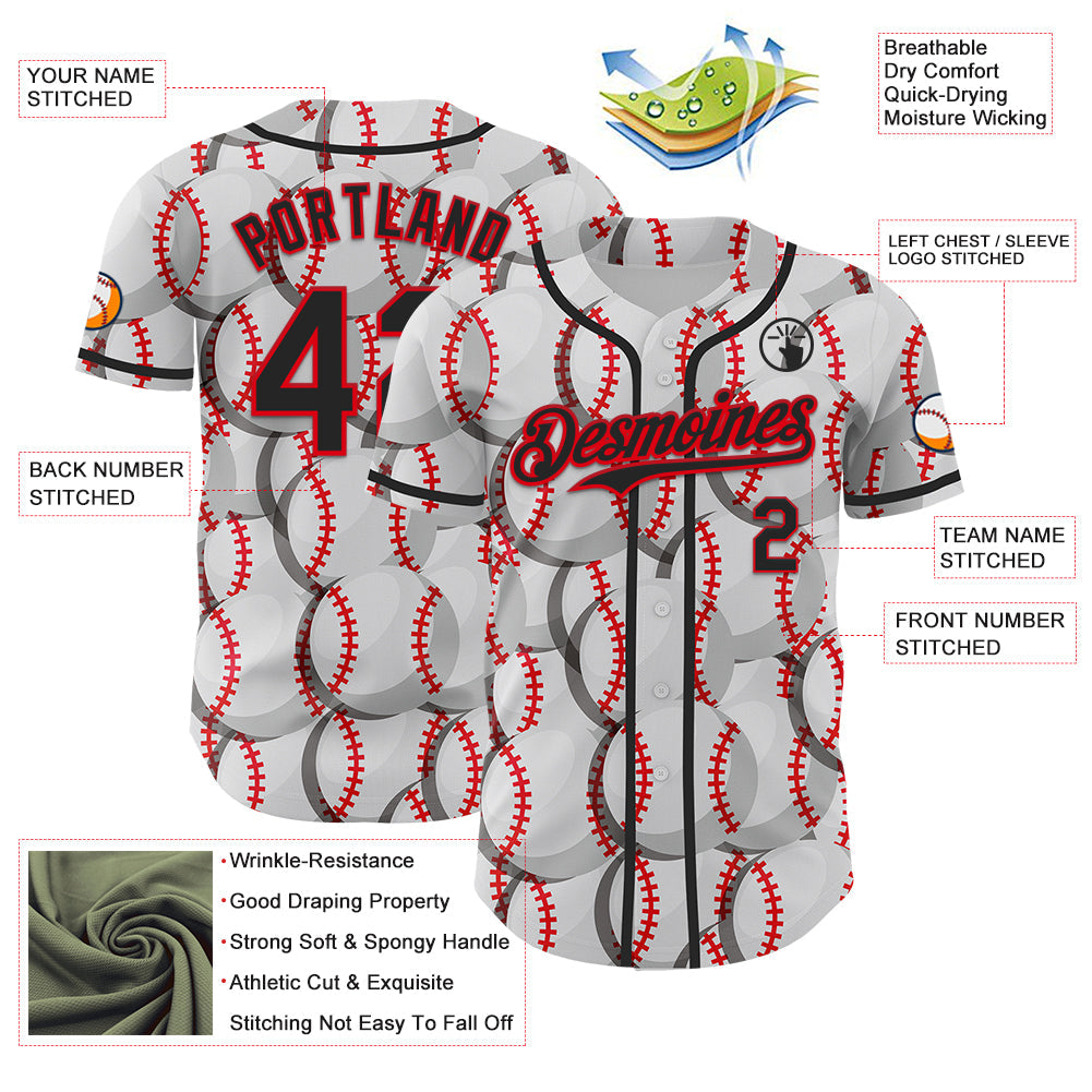 Custom White Black-Fire Red Comic Doodle Ballgame 3D Pattern Design Authentic Baseball Jersey view 3