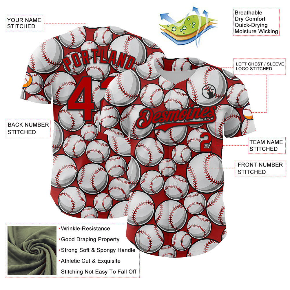 Custom Red Black-White Comic Doodle Ballgame 3D Pattern Design Authentic Baseball Jersey view 3