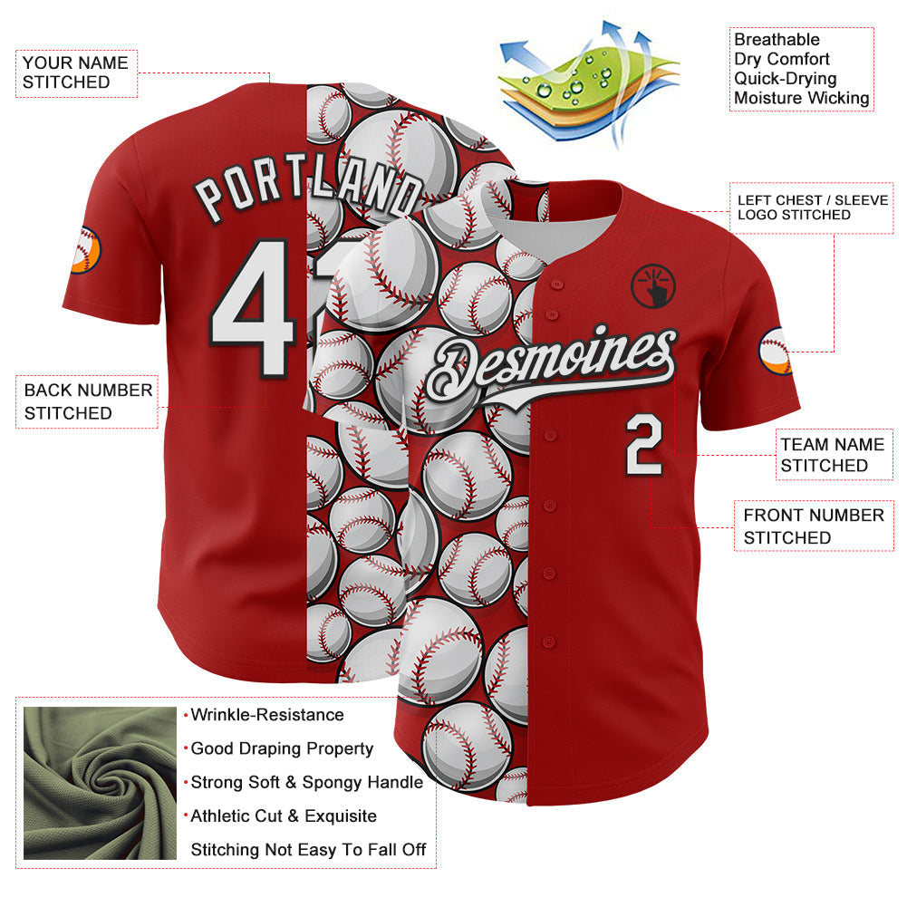 Custom Red White-Black Comic Doodle Ballgame 3D Pattern Design Authentic Baseball Jersey view 3