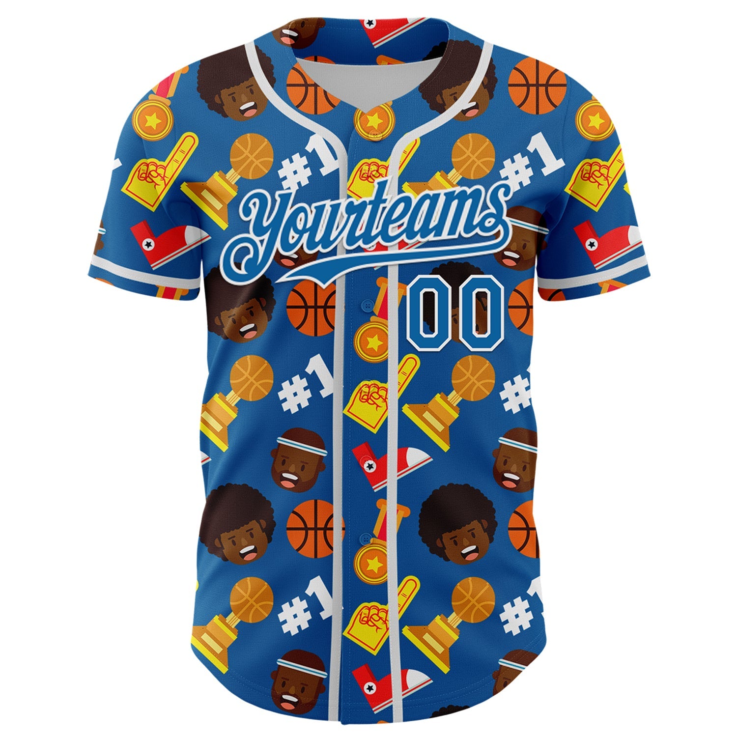 Custom Blue White Comic Doodle Ballgame 3D Pattern Design Authentic Baseball Jersey view 2