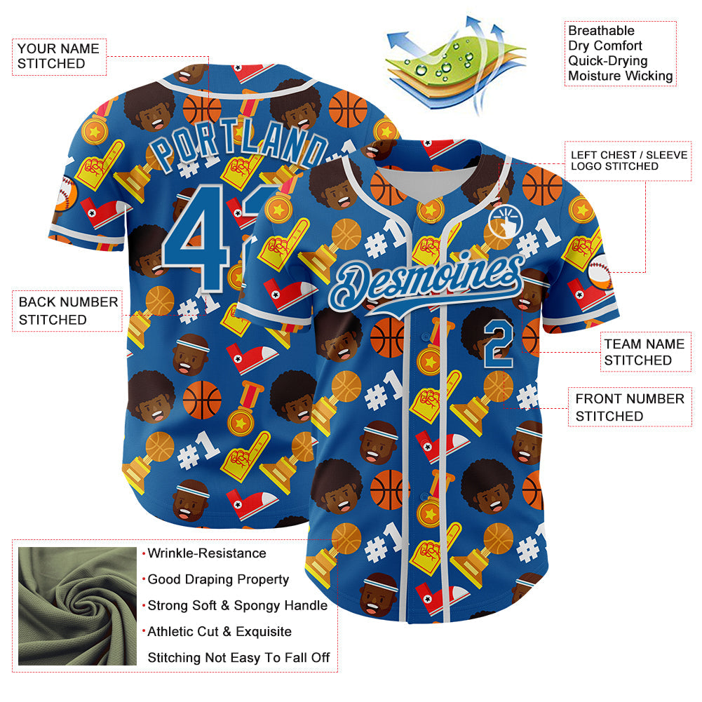 Custom Blue White Comic Doodle Ballgame 3D Pattern Design Authentic Baseball Jersey view 3