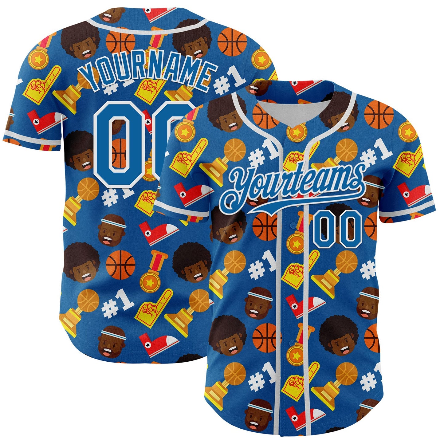 Custom Blue White Comic Doodle Ballgame 3D Pattern Design Authentic Baseball Jersey - Main View