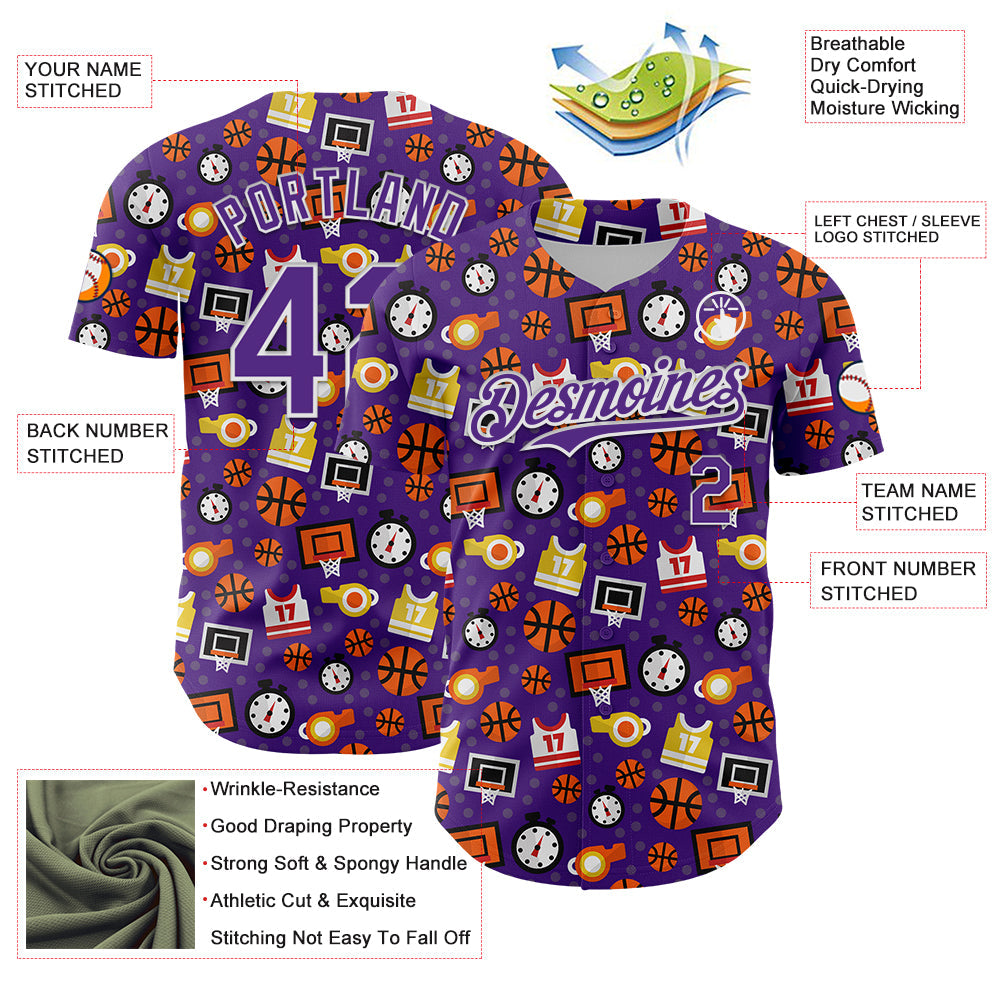 Custom Purple White Comic Doodle Ballgame 3D Pattern Design Authentic Baseball Jersey view 3