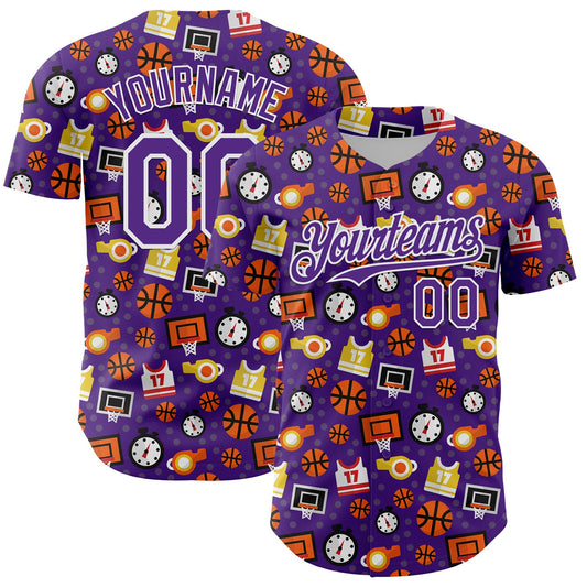Custom Purple White Comic Doodle Ballgame 3D Pattern Design Authentic Baseball Jersey - Main View