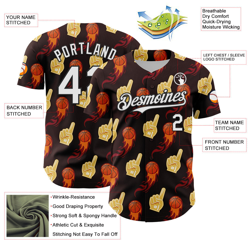 Custom Brown White-Black Comic Doodle Ballgame 3D Pattern Design Authentic Baseball Jersey view 3