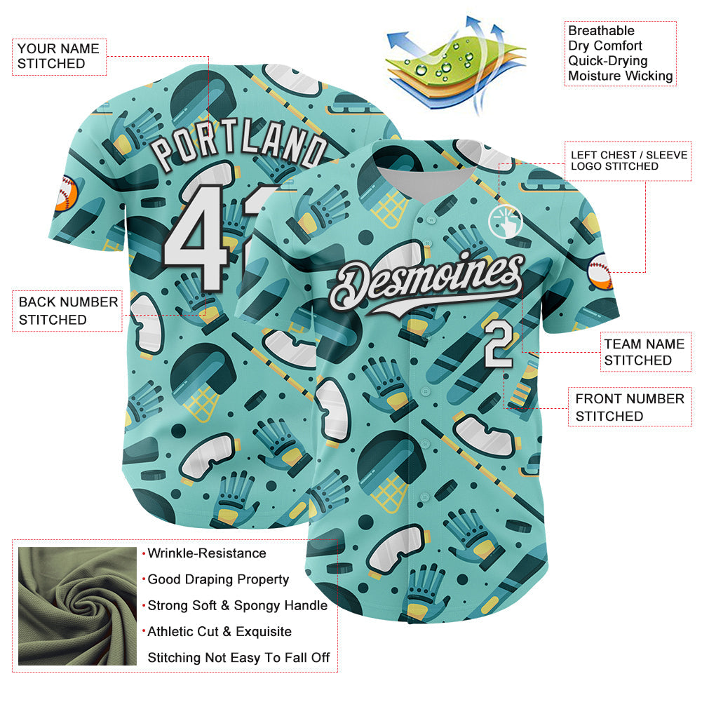 Custom Ice Blue White-Black Comic Doodle Ballgame 3D Pattern Design Authentic Baseball Jersey view 3