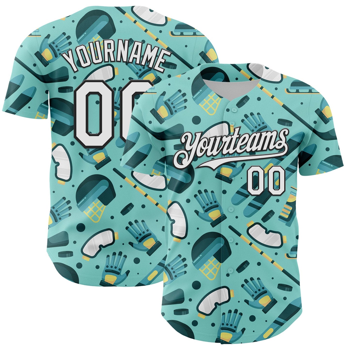 Custom Ice Blue White-Black Comic Doodle Ballgame 3D Pattern Design Authentic Baseball Jersey - Main View