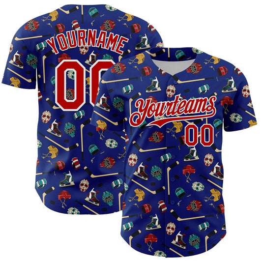 Custom Royal Red-White Comic Doodle Ballgame 3D Pattern Design Authentic Baseball Jersey - Main View