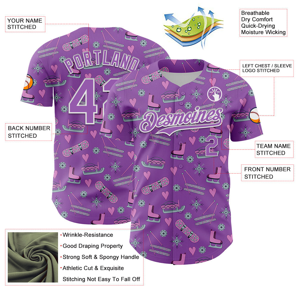 Custom Medium Purple White Comic Doodle Ballgame 3D Pattern Design Authentic Baseball Jersey view 3