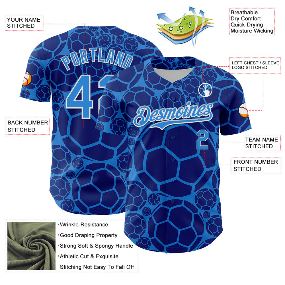 Custom Electric Blue White Comic Doodle Ballgame 3D Pattern Design Authentic Baseball Jersey view 3
