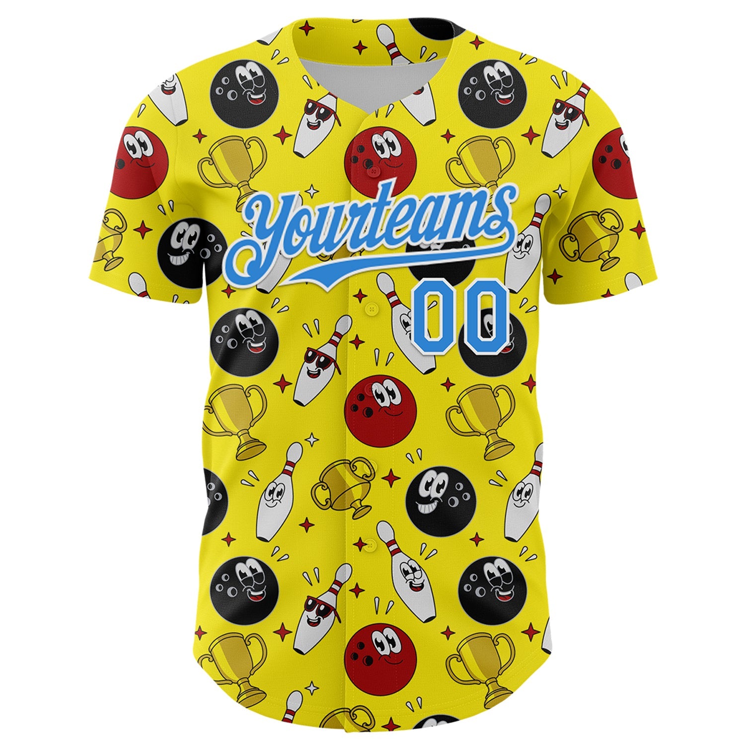 Custom Light Yellow Electric Blue-White Comic Doodle Ballgame 3D Pattern Design Authentic Baseball Jersey view 2