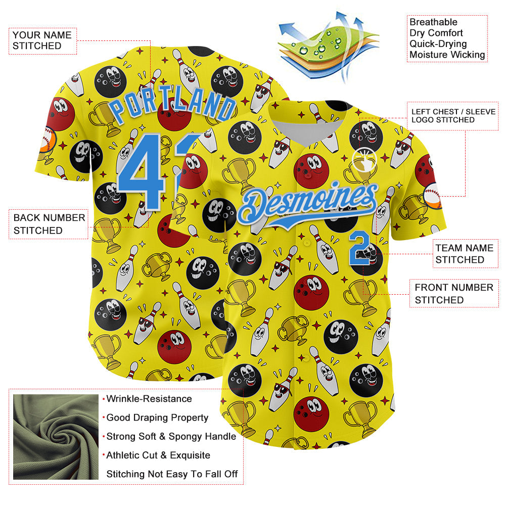Custom Light Yellow Electric Blue-White Comic Doodle Ballgame 3D Pattern Design Authentic Baseball Jersey view 3