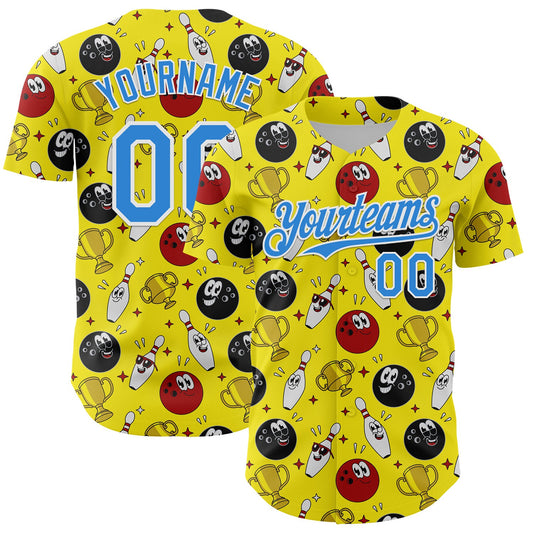 Custom Light Yellow Electric Blue-White Comic Doodle Ballgame 3D Pattern Design Authentic Baseball Jersey - Main View