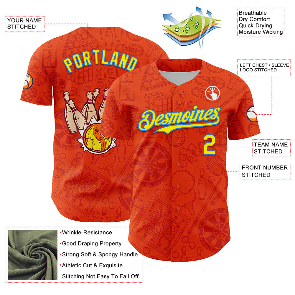 Custom Orange Light Yellow-Electric Blue Comic Doodle Ballgame 3D Pattern Design Authentic Baseball Jersey view 3