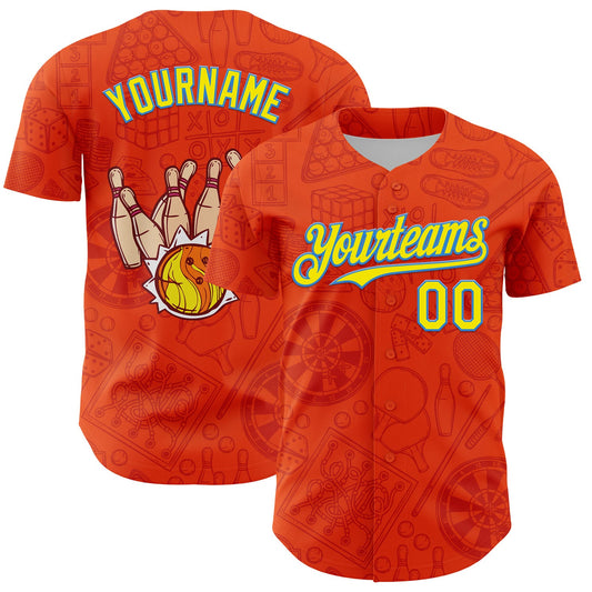 Custom Orange Light Yellow-Electric Blue Comic Doodle Ballgame 3D Pattern Design Authentic Baseball Jersey - Main View