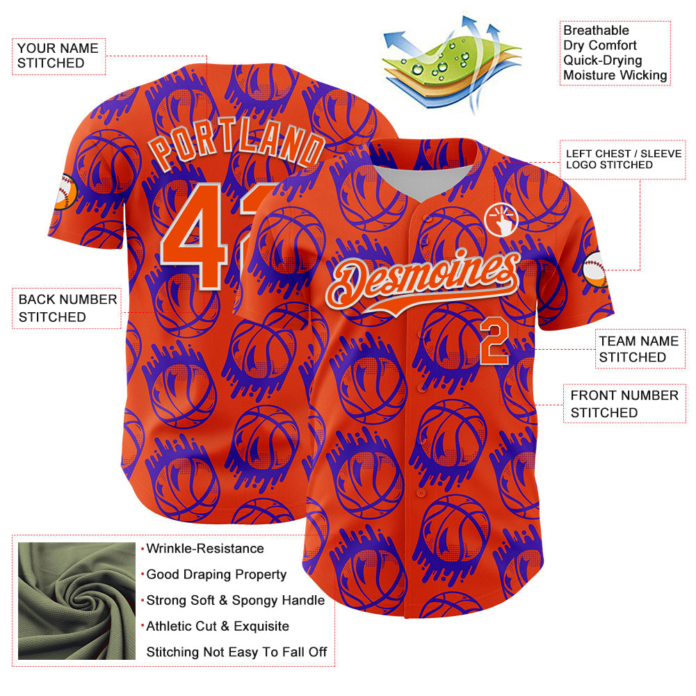 Custom Orange White Comic Doodle Ballgame 3D Pattern Design Authentic Baseball Jersey view 3