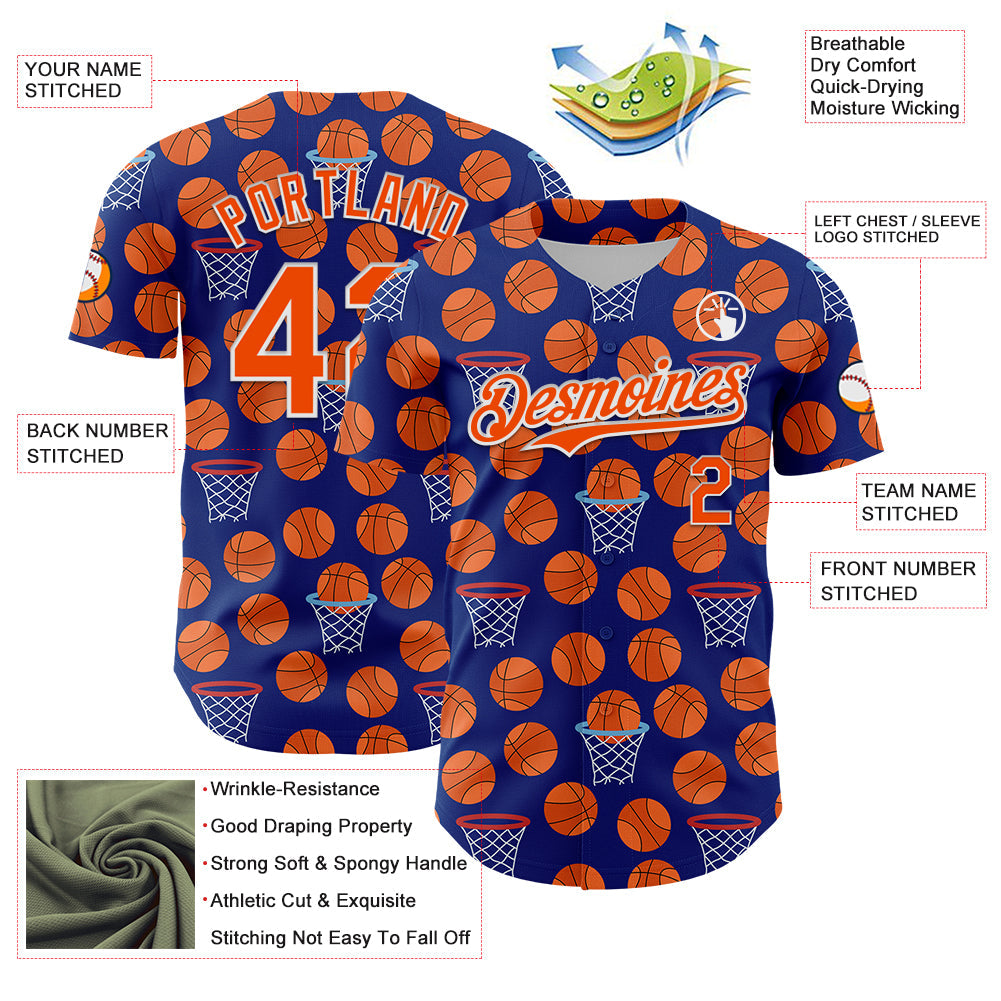 Custom Royal Orange-White Comic Doodle Ballgame 3D Pattern Design Authentic Baseball Jersey view 3