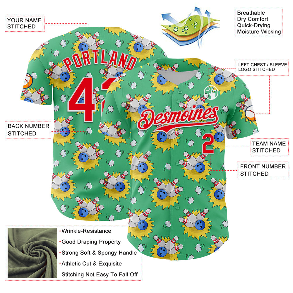 Custom Green Fire Red-White Comic Doodle Ballgame 3D Pattern Design Authentic Baseball Jersey view 3