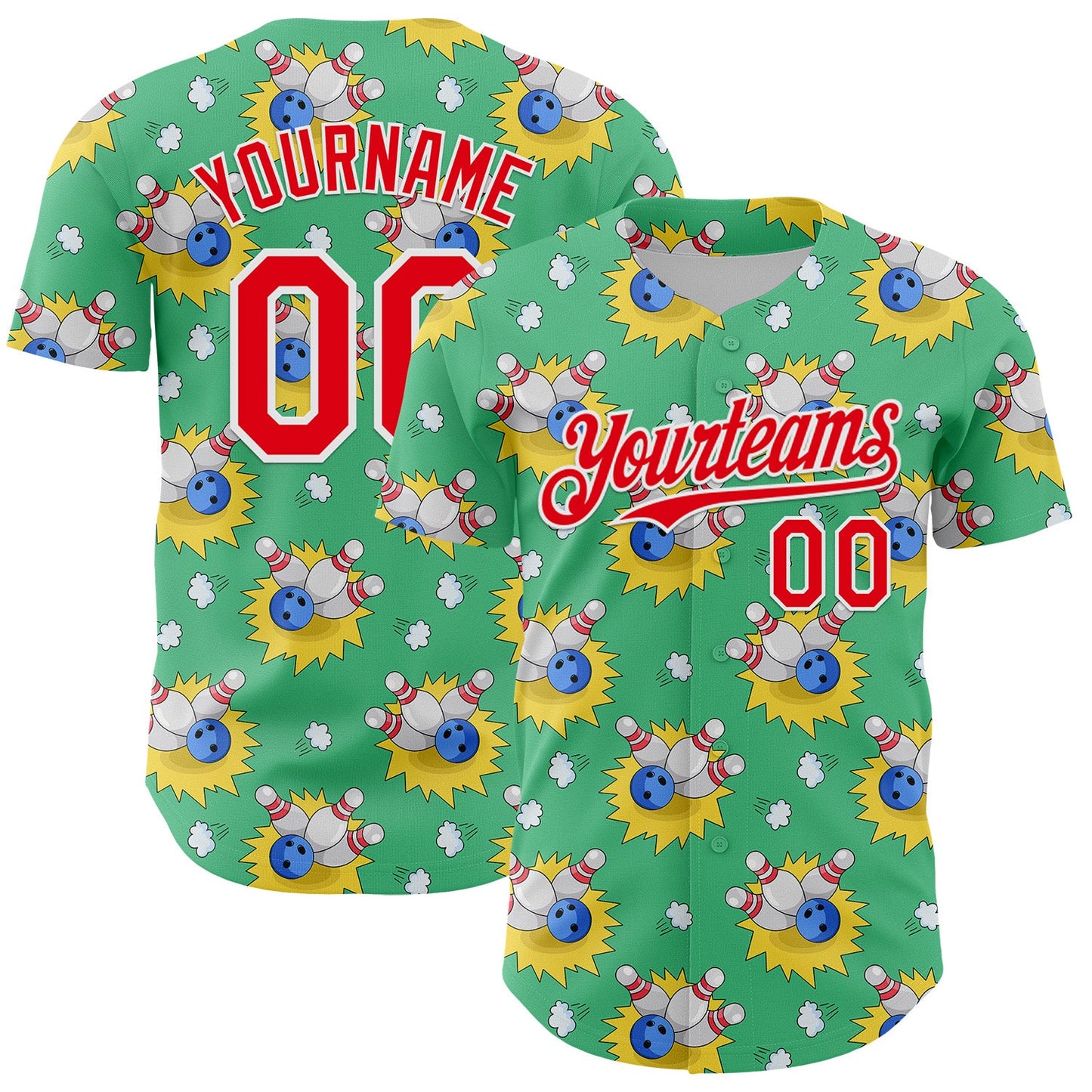 Custom Green Fire Red-White Comic Doodle Ballgame 3D Pattern Design Authentic Baseball Jersey - Main View