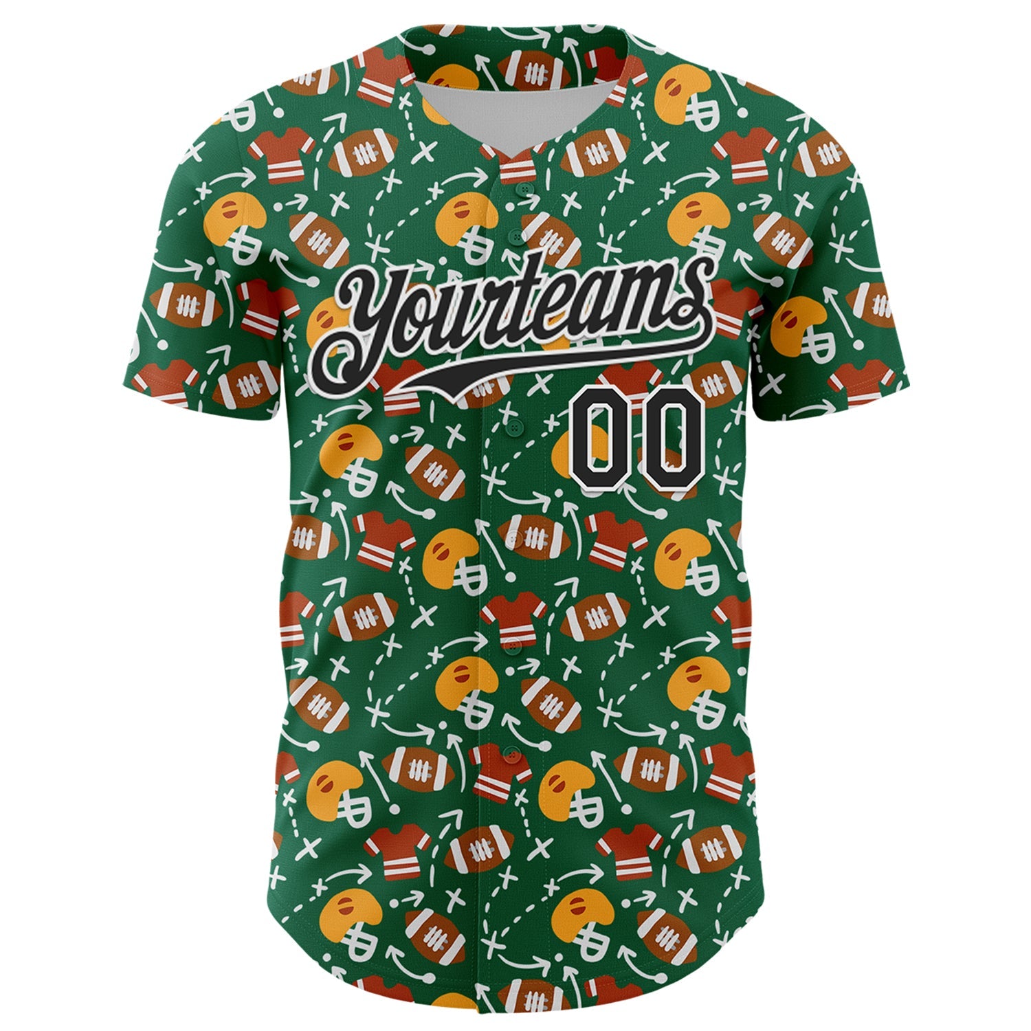 Custom Kelly Green Black-White Comic Doodle Ballgame 3D Pattern Design Authentic Baseball Jersey view 2