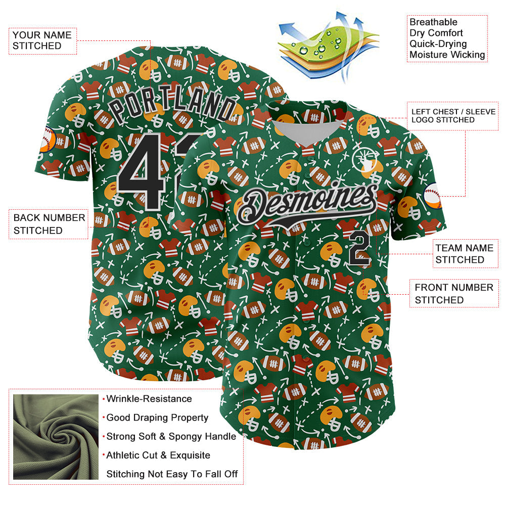Custom Kelly Green Black-White Comic Doodle Ballgame 3D Pattern Design Authentic Baseball Jersey view 3