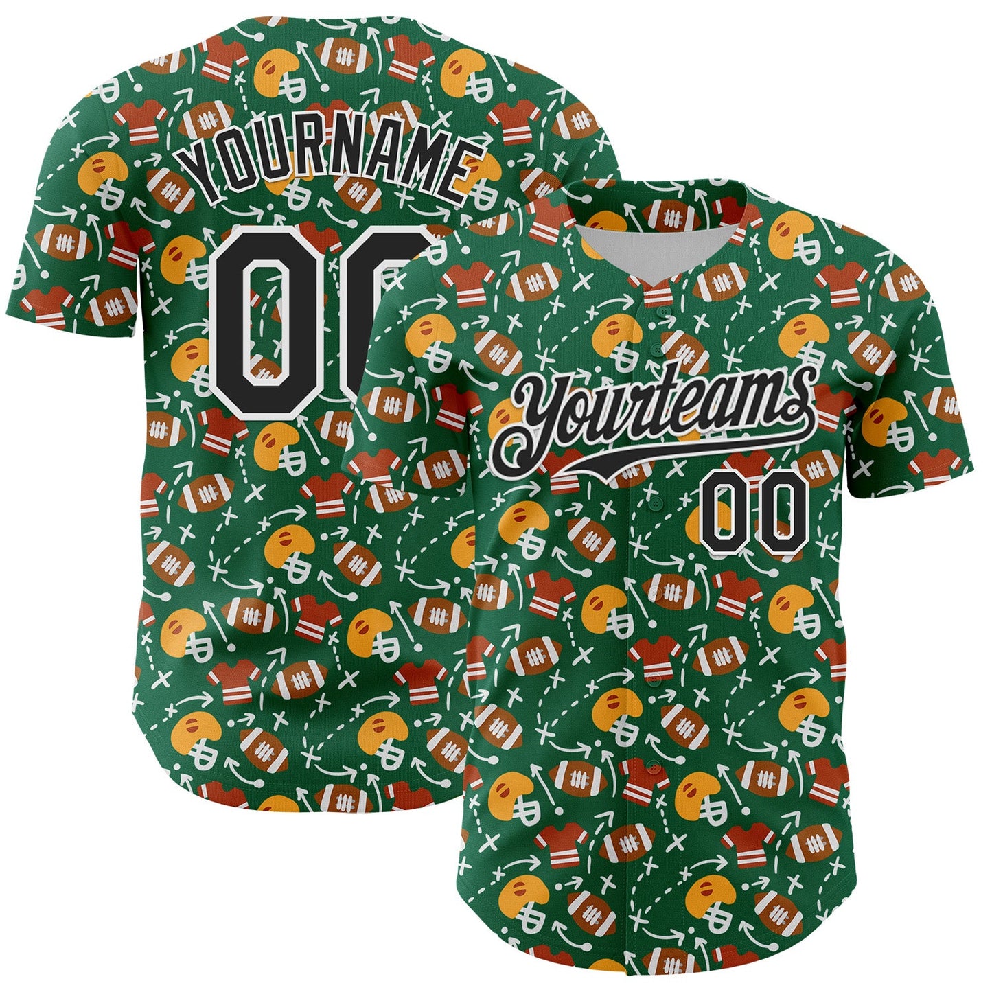 Custom Kelly Green Black-White Comic Doodle Ballgame 3D Pattern Design Authentic Baseball Jersey - Main View