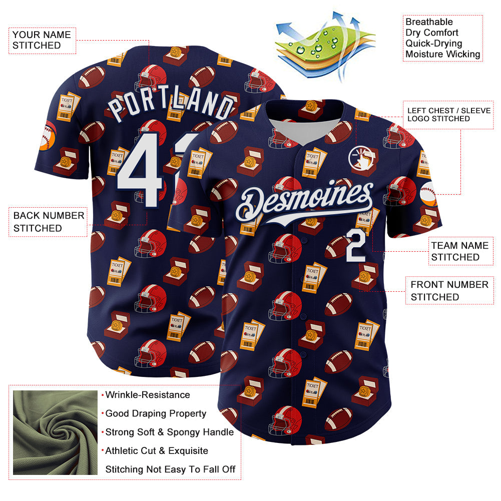 Custom Navy White Comic Doodle Ballgame 3D Pattern Design Authentic Baseball Jersey view 3