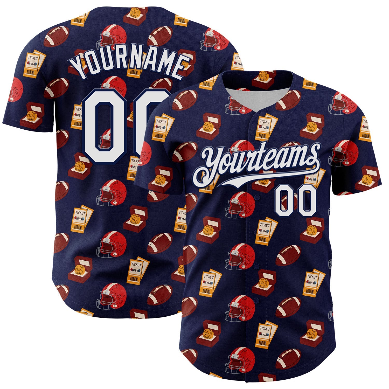 Custom Navy White Comic Doodle Ballgame 3D Pattern Design Authentic Baseball Jersey - Main View