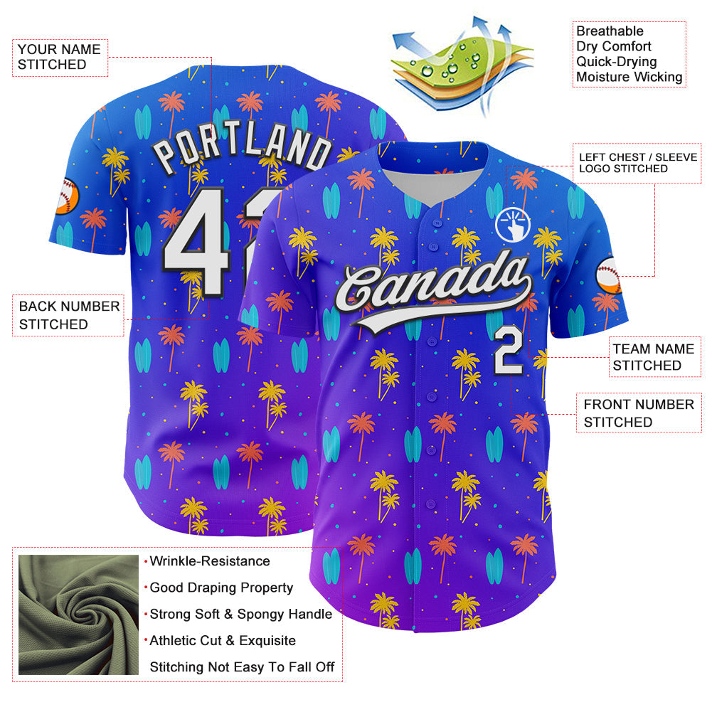 Custom Purple White-Black 3D Hawaii Tropical Palm Tree Authentic Baseball Jersey view 3