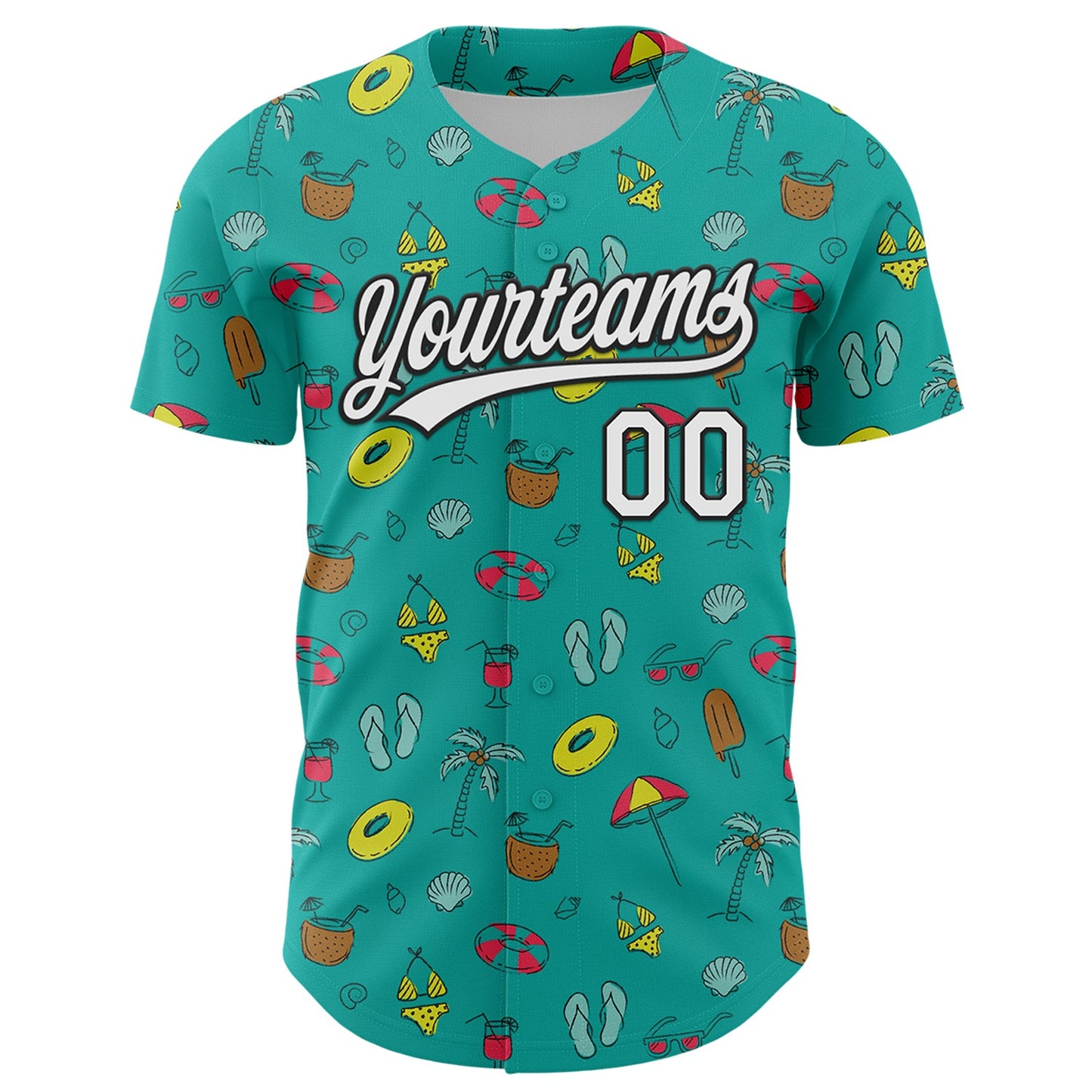 Custom Aqua White-Black 3D Hawaii Tropical Palm Tree And Beach Authentic Baseball Jersey view 2