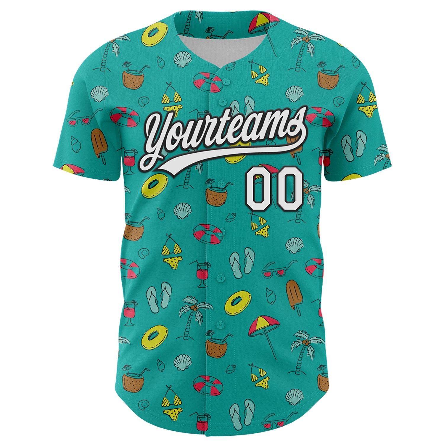 Custom Aqua White-Black 3D Hawaii Tropical Palm Tree And Beach Authentic Baseball Jersey view 2