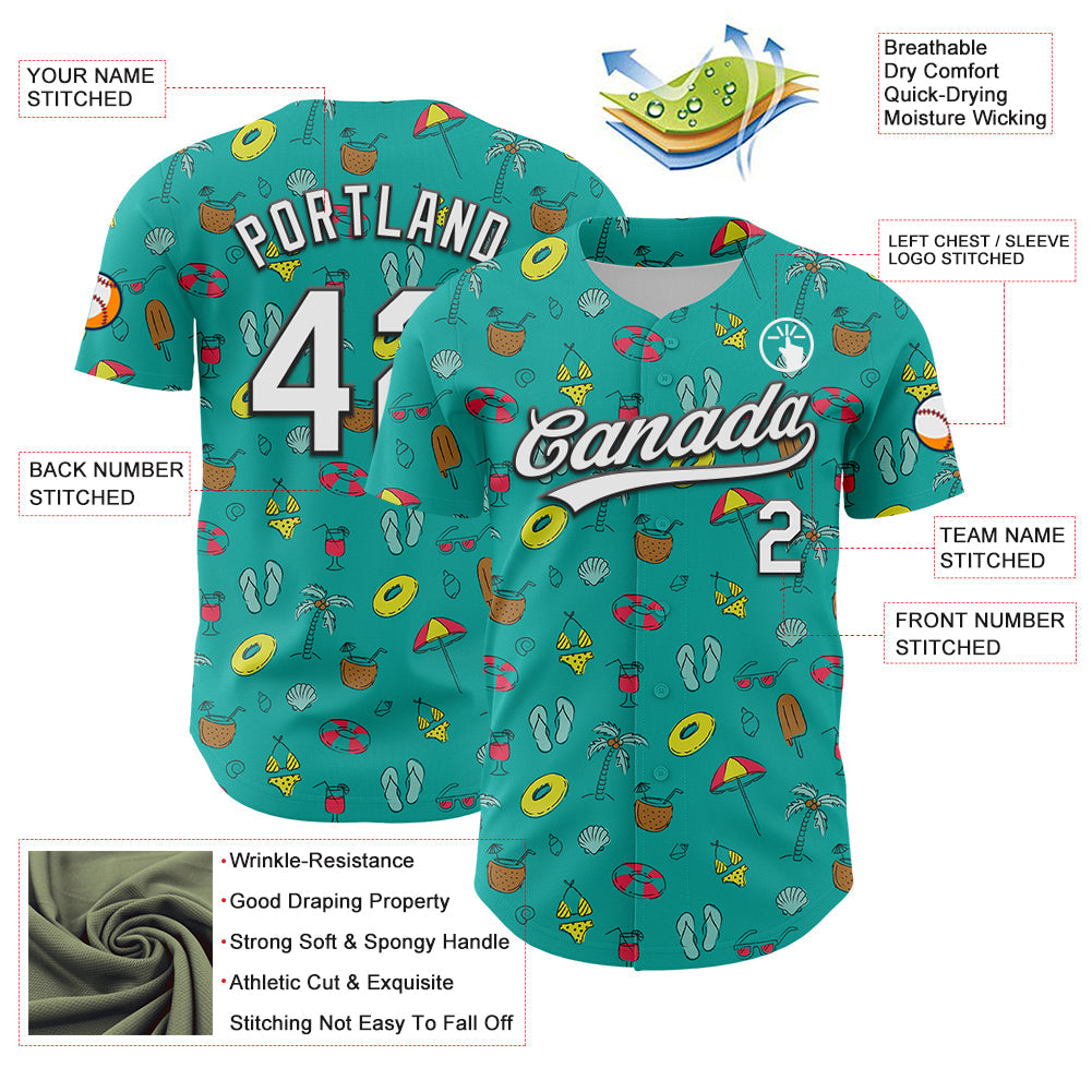 Custom Aqua White-Black 3D Hawaii Tropical Palm Tree And Beach Authentic Baseball Jersey view 3