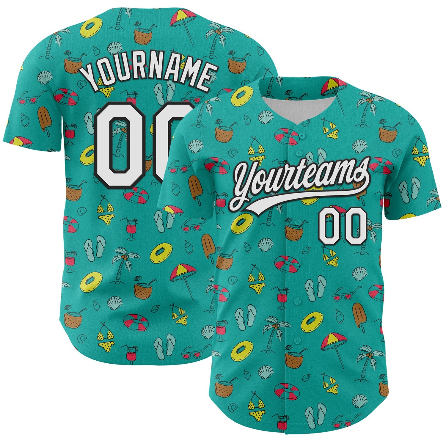 Custom Aqua White-Black 3D Hawaii Tropical Palm Tree And Beach Authentic Baseball Jersey - Main View