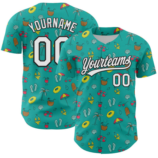 Custom Aqua White-Black 3D Hawaii Tropical Palm Tree And Beach Authentic Baseball Jersey - Main View