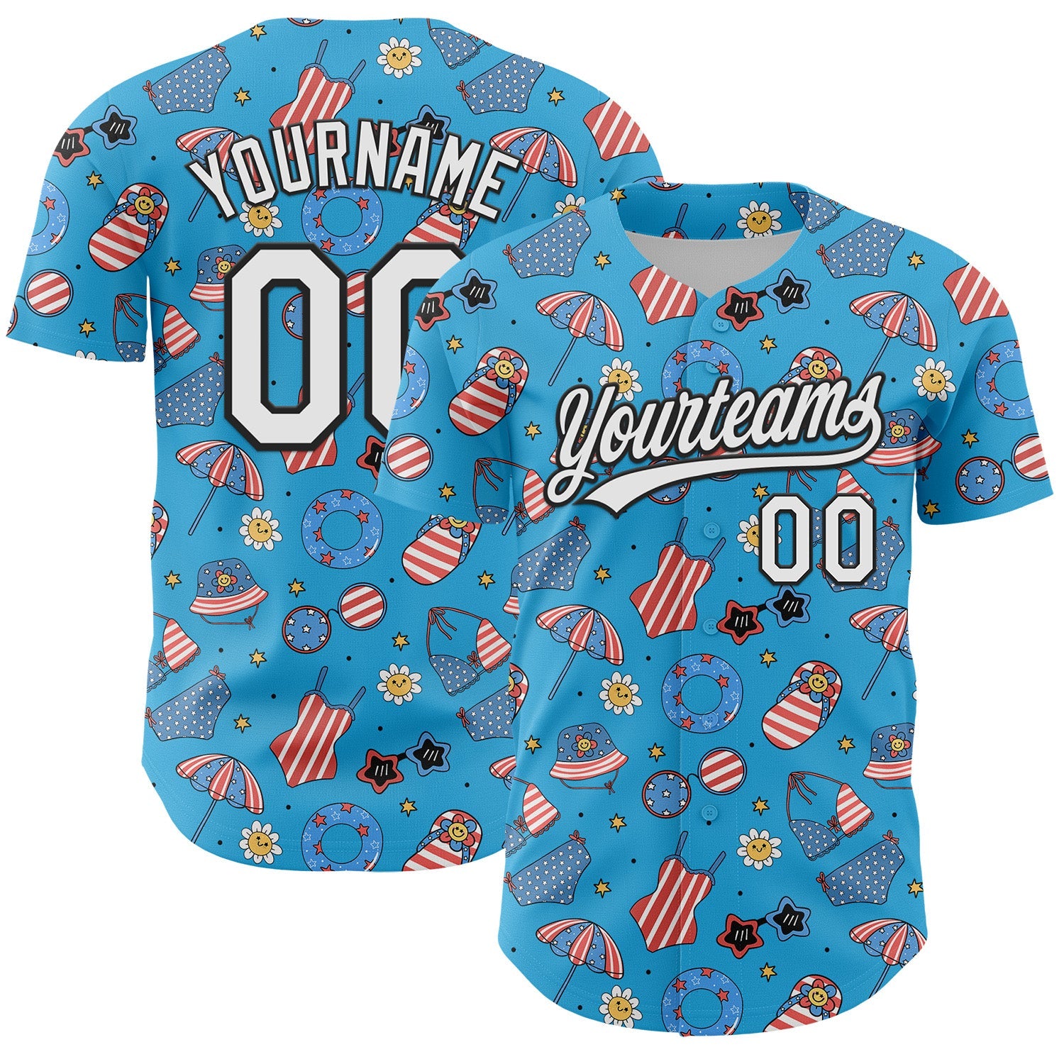Custom Sky Blue White-Black 3D Hawaii Beach Authentic Baseball Jersey - Main View