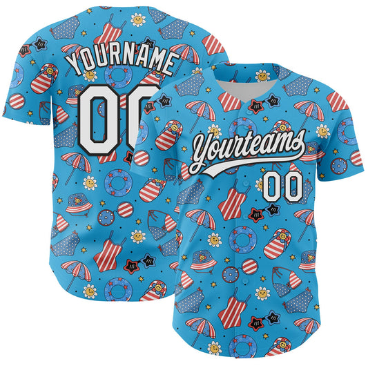 Custom Sky Blue White-Black 3D Hawaii Beach Authentic Baseball Jersey - Main View