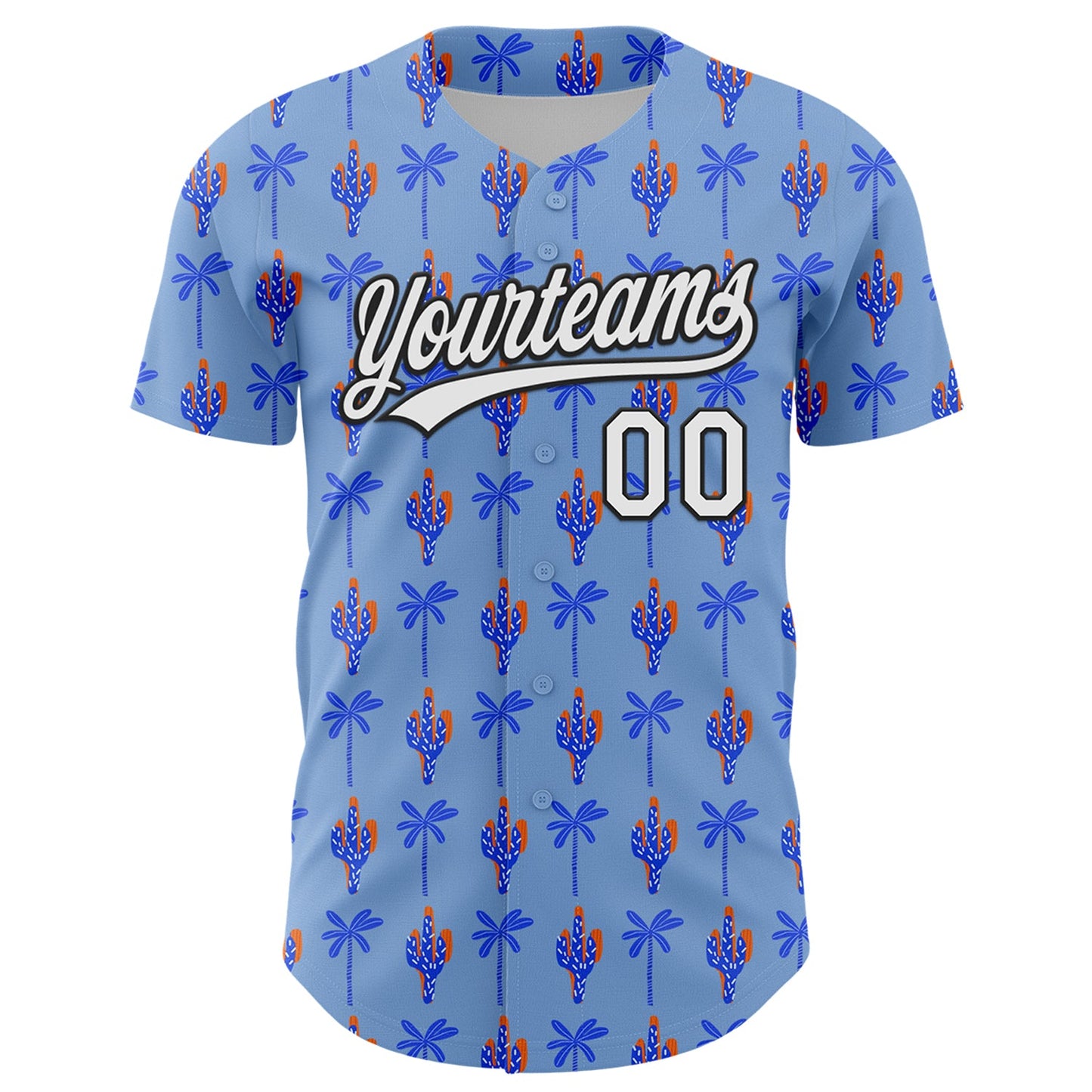 Custom Light Blue White-Black 3D Hawaii Tropical Palm Tree And Cactus Authentic Baseball Jersey view 2