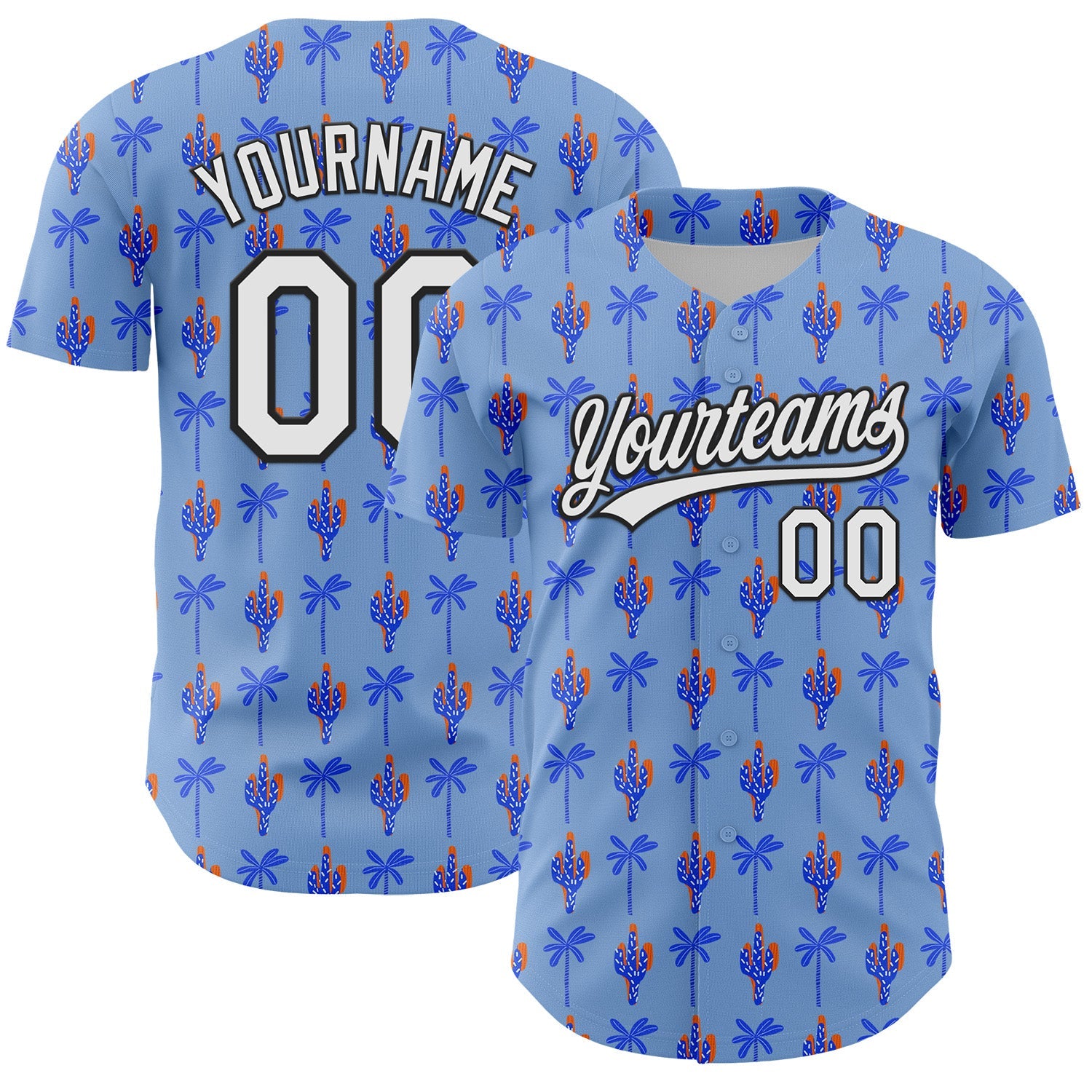 Custom Light Blue White-Black 3D Hawaii Tropical Palm Tree And Cactus Authentic Baseball Jersey - Main View