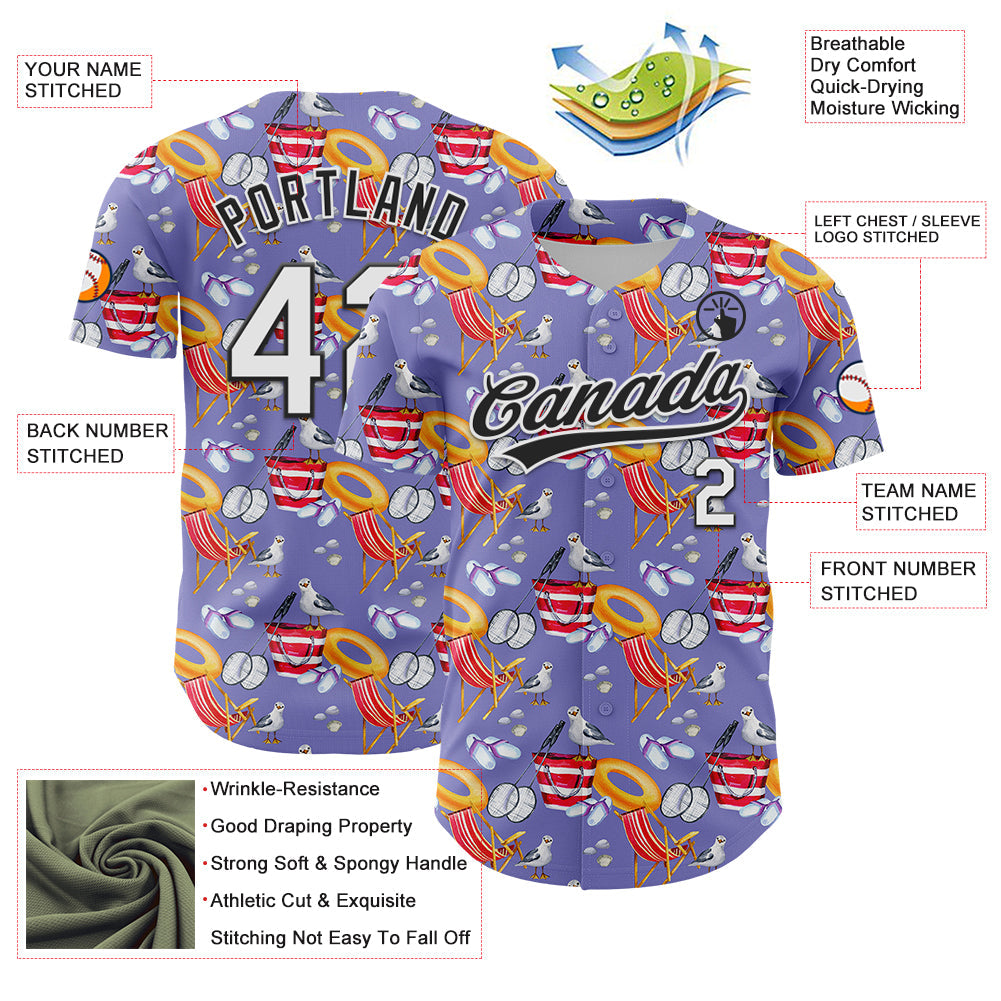 Custom Light Purple White-Black 3D Hawaii Beach Seabird Authentic Baseball Jersey view 3