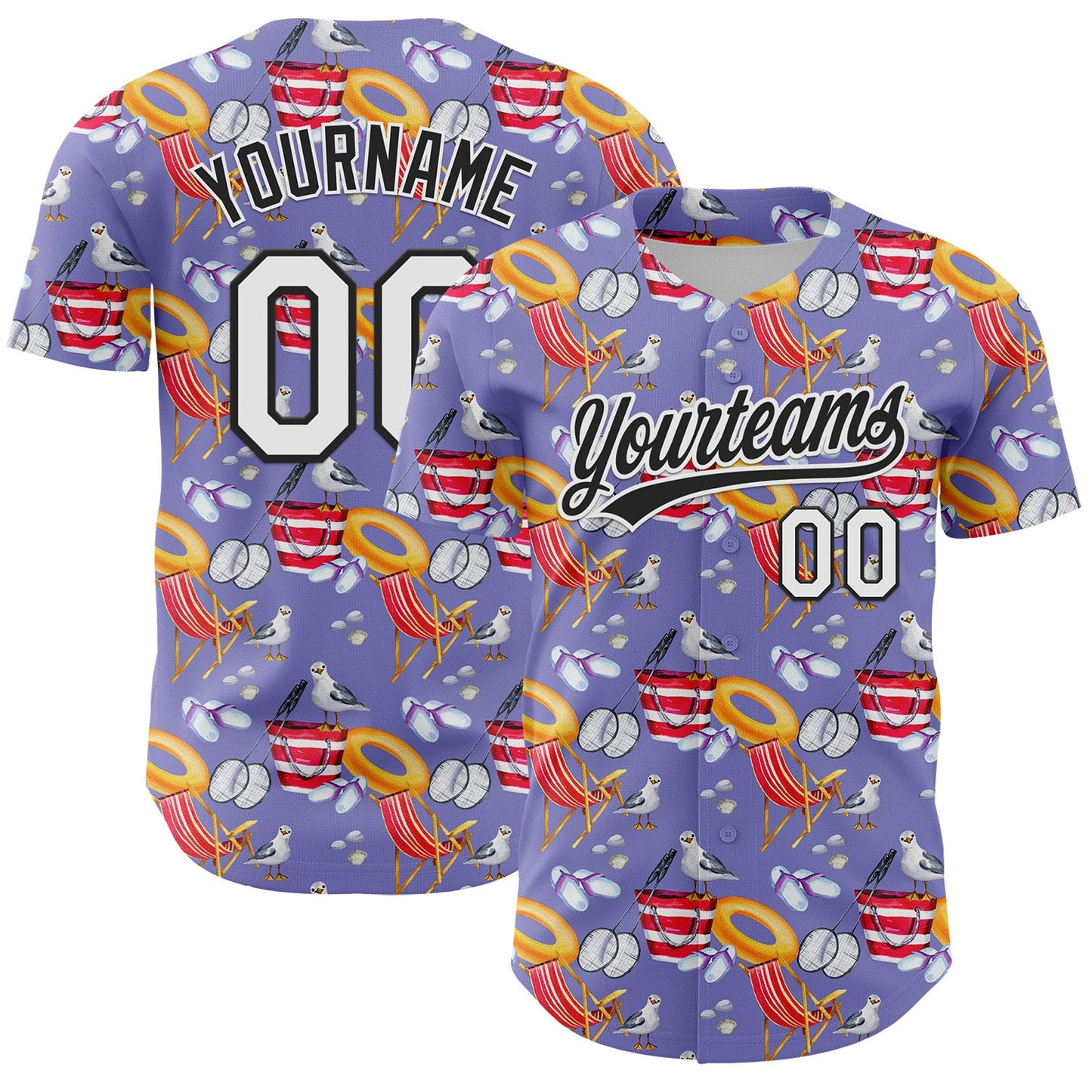 Custom Light Purple White-Black 3D Hawaii Beach Seabird Authentic Baseball Jersey - Main View